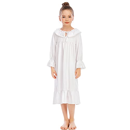 Alunsito Kinder Baby Mädchen Nachthemden Langarm Nachtwäsche Niedlich Prinzessin Nachthemd für Kleinkind Mädchen Solid Pyjama Kleid Set, weiß, 11-12 Jahre von Alunsito