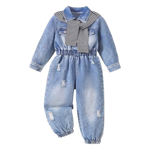 Alunsito Kinder Baby Mädchen solide lange Ärmel Button Down Jumpsuit ein Stück Denim Strampler mit Schal 90 Blau 2-3 Jahre von Alunsito