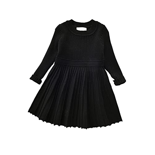 Alunsito Kinder Kleines Mädchen Langarm Mädchen Kleider Rippstrick Pullover Kleid Einfarbig Plissee Kleid 120 Schwarz 5-6 Jahre von Alunsito