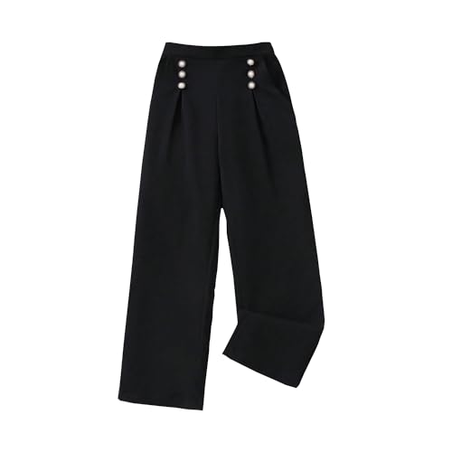 Alunsito Kinder Mädchen Hose mit weitem Bein einfarbig hohe Taille lockere Passform bequeme Hose mit Taschen Schwarz 7–8 Jahre von Alunsito
