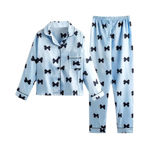 Alunsito Kinder Mädchen Jungen Seidensatin Pyjama Set Button Down PJs Zweiteilige Lounge Langarm Nachtwäsche mit langen Hosen 150 Blau 11–12 Jahre von Alunsito