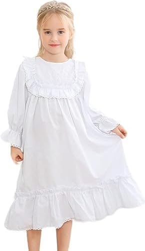 Alunsito Kinder Mädchen Nachthemd Schlafkleid Langarm Nachtwäsche Baumwolle Prinzessin Pyjama Einfarbig Rüschen Nachthemd Nachthemd 150 Weiß 10-12 Jahre von Alunsito