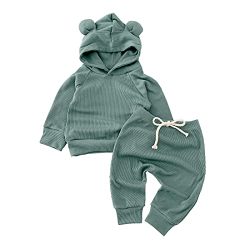 Alunsito Kleine Baby Jungen Mädchen Solide Bärenohr Kapuzen Fleece Pullover und Trainingshose 2 Stück Outfits Set Grün 80 6-12 Monate von Alunsito
