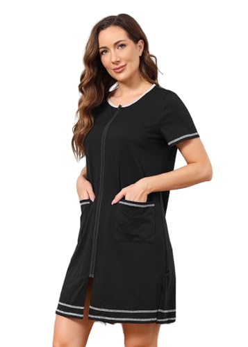 Alunsito Kurzer Hausmantel für Damen mit Reißverschluss vorne Roben Knielang Nachthemden mit Taschen Loungewear mit Blumenmuster Schwarz Größe S von Alunsito
