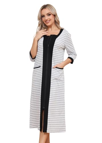 Alunsito Langer Hausmantel mit durchgehendem Reißverschluss Bademantel Loungewear mit Taschen Bademäntel leichte Herbst-Winter-Nachthemden XX-Large gestreift grau von Alunsito