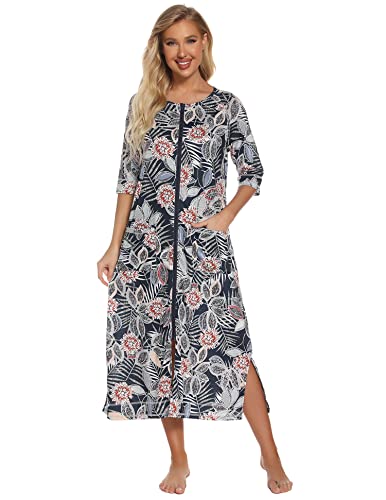Alunsito Langes Nachthemd für Damen 3/4 Ärmel Nachtwäsche Rundhals Loungewear Reißverschluss Nachtkleid mit Taschen Sommer Herbst Hauskleid mit Blumenmuster Hellblau XX Groß von Alunsito