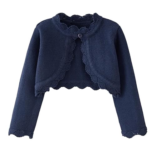 Alunsito Little Girls Strickpullover Cardigan Langarm Ein Knopfverschluss Bolero Jacke Shrug Rüschen Einfarbiges Manteloberteil, 110, Dunkelblau, 3-4 Jahre von Alunsito