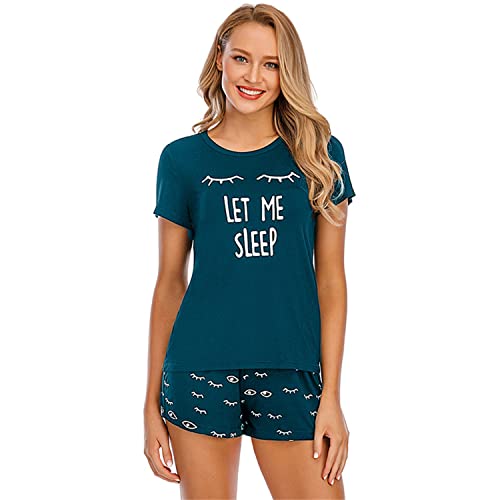 Alunsito Modal Nachtwäsche Set für Damen geschlossene Augen Bedruckt kurzärmliges Oberteil lässiges T Shirt und elastische Taille Shorts Hose Sommer Nachtwäsche Pyjama Set Seeblau Medium von Alunsito