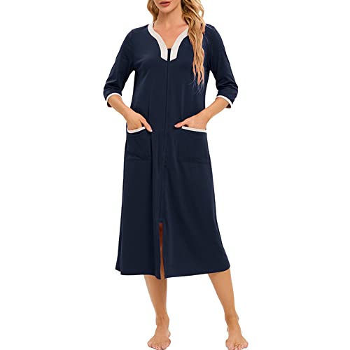 Alunsito Nachthemden für Damen Frühling Sommer Nachtwäsche Reißverschluss Nachtwäsche 3/4-Ärmel Hausmantel V-Ausschnitt Nachthemden solide Loungewear mit Taschen Dunkelblau X-Groß von Alunsito