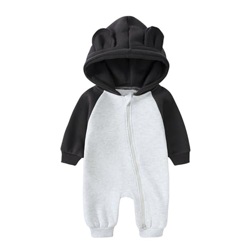 Alunsito Neugeborene Baby Junge Mädchen Herbst Winterkleidung Reißverschluss Kapuzen Strampler Süß Langarm Jumpsuit Warm Einteiler Outfit 73 Schwarz Grau 6-9 Monate von Alunsito