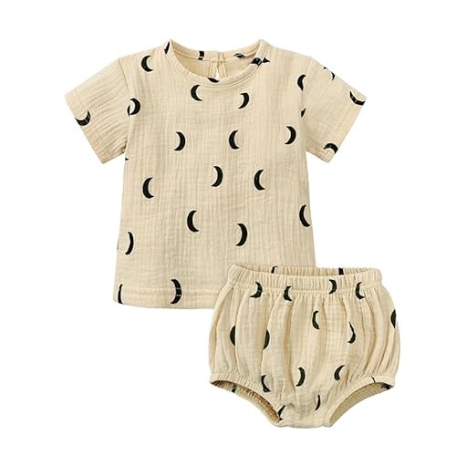 Alunsito Neugeborenen Baby Mädchen Jungen Kleidung Kurzarm Rundhals Tops T-Shirt + Shorts Hosen Sommer Zweiteilige Outfits Set 73 Beige 6–9 Monate von Alunsito