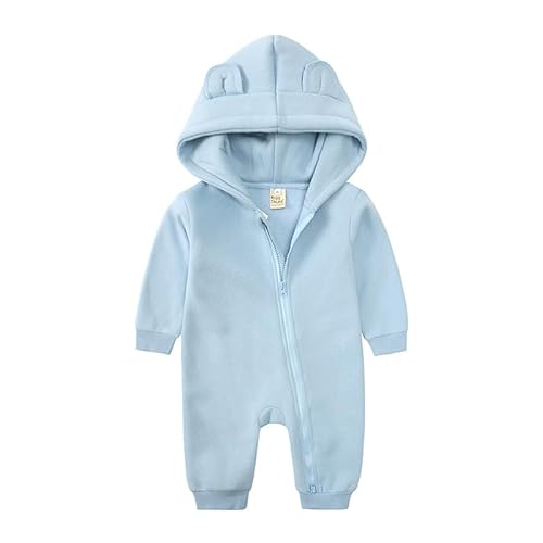 Alunsito Neugeborenes Baby Junge Mädchen Fleece Warm Strampler Jumpsuit Hoodie Einteilige Oberbekleidung Langarm Fest Farbe Bodysuit 80 Blau 9-12 Monate von Alunsito