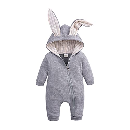 Alunsito Neugeborenes Baby Jungen Mädchen Langarm Reißverschluss Strampler Overall Mit Kapuze Onesie Playsuit Einfarbig Häschen Body Herbst Kleidung von Alunsito