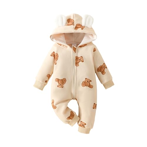 Alunsito Neugeborenes Baby Jungen Mädchen Strampler Baumwollbär Ohr Langarmes Reißverschluss Hoodie Säuglingsbodys Overall Outwey Beige 12-18 Monate von Alunsito