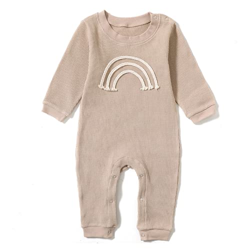 Alunsito Neugeborenes Baby Jungen Mädchen Strick Overall Sommer Herbst Langarm Button Down Strampler Einteiliger Säuglingsfester Body Khaki 73 6-9 Monate von Alunsito