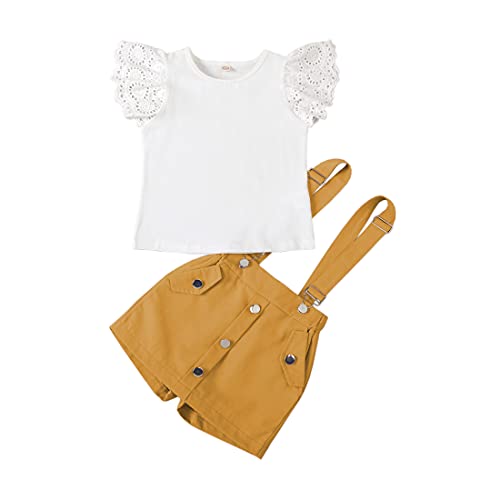 Alunsito Neugeborenes Baby Mädchen Feste Shorts Set Rüschen Hohl Kurzarm T-Shirt Hosenträger Shorts Gelb, 110,3-4 Jahre von Alunsito