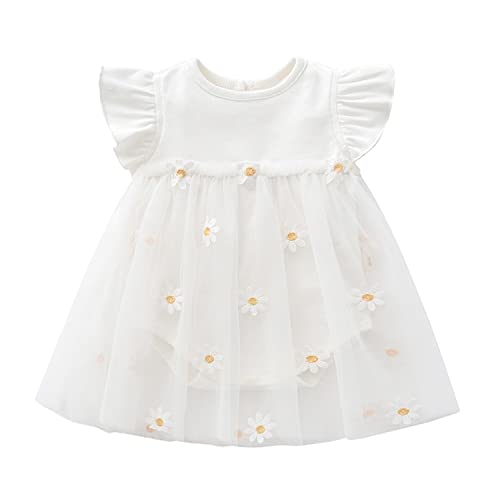 Alunsito Neugeborenes Baby Mädchen Gänseblümchen Tutu Tüll Geburtstagsrock Outfits Rüschen Kurzarm Prinzessin Partykleid 100 Kurz Weiß 2-3 Jahre von Alunsito