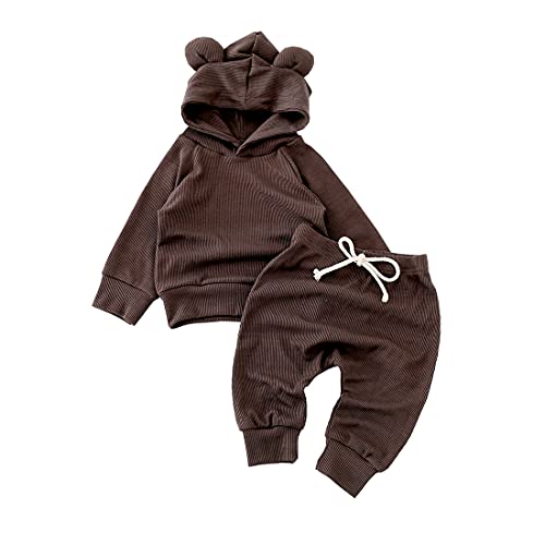 Alunsito Neugeborenes Baby Warm Trainingsanzug Cartoon Bärenohr Mit Kapuze Trainingsanzug Top Solide Lange Hosen 2 Stück Outfits Braun 90 12-18 Monate Month von Alunsito