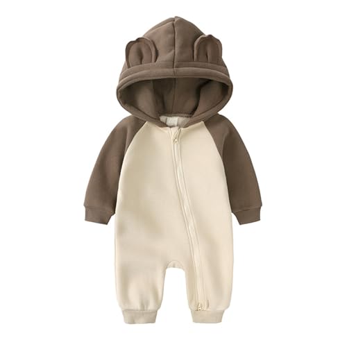 Alunsito Reißverschluss-Overall Babykleidung für Jungen und Mädchen Reißverschluss Kapuzenpullover Spielanzug mit gespleißter Kapuze Bodysuit langärmelig Herbst-Winter 59 Khaki Beige 0-3 Monate von Alunsito