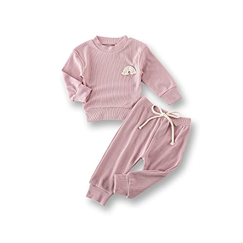 Alunsito Ripp-Kleidung für Kleinkinder Mädchen Jungen Regenbogen-Pullover Oberteil Kordelzug-Hose 2-teiliges Winter-Set 70 Rosa 0-3 Monate von Alunsito