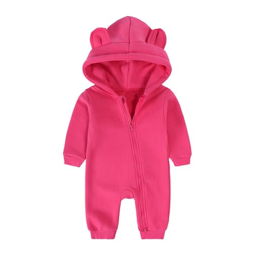 Alunsito Säugling Baby Jungen Mädchen Kleidung Reißverschluss Bärenohr Kapuze Jumpsuit Strampler Langarm Outfit Herbst Winter Warme Kleidung 73 Rose Rot 6-9 Monate von Alunsito