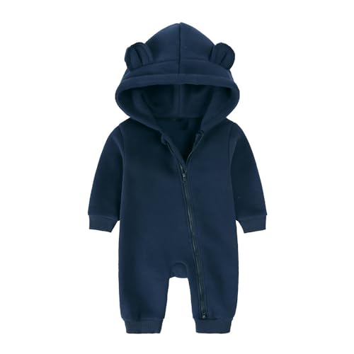 Alunsito Säugling Baby Jungen Mädchen Strampler Langarm Coverall Bärenohr mit Kapuze-Overall Overall Herbst Winter One-Stück Kleidung 73 dunkelblau 6-9 Monate von Alunsito