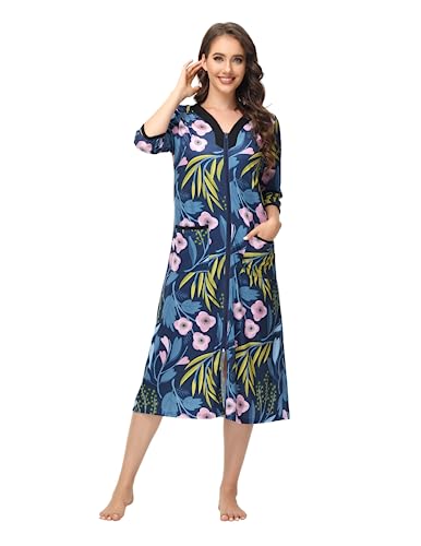 Alunsito Sommer Herbst Damen Langes Nachthemd Kurze Ärmel Nachthemd V-Ausschnitt Weiche Loungewear Casual Sleepwear Mit Taschen, Reißverschluss Hausmantel, Marineblau, X-Large von Alunsito