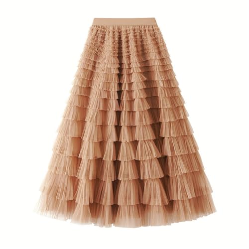 Alunsito Süßer, elastischer Taillen-Tüll-Rüschen-Mesh-Langstufenrock für Damen, einfarbiger Midirock mit Futter, hellkhaki, mittelgroß von Alunsito