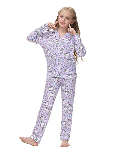 Alunsito Unisex-Kinder-Hosen-Set langärmelig Button-Down-Oberteil + Hose 2-teilig für Jungen und Mädchen Pyjama mit Cartoon-Druck Herbst-Winter-Nachtwäsche Homewear-Set 130 Lila 7–8 Jahre von Alunsito