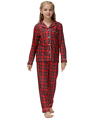 Alunsito Weihnachts-Pyjama-Set für kleine Mädchen und Jungen Langarm-T-Shirt Oberteil mit Knöpfen + Hose Nachtwäsche-Set mit Karomuster Kinder-Weihnachtspyjama-Nachtwäsche 2-teilig 130 Rot1 7–8 Jahre von Alunsito