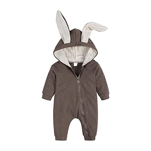 Baby Jungen Mädchen Baumwolle Strampler Langärmliger Overall Reißverschluss Onesies Frühling Herbst Kleidung Unisex Kleinkind Kapuzen Playsuit Osterhase Outfit, 59, Braun, 0-3 Monate von Alunsito