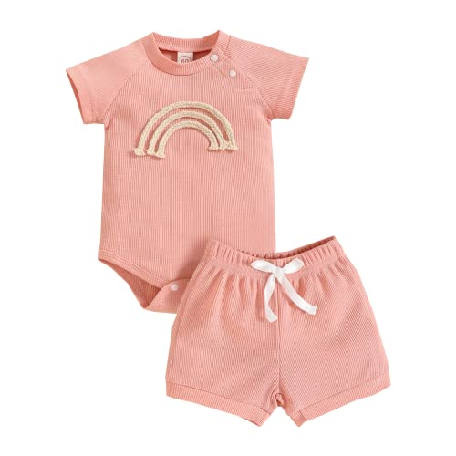 Baby Kleinkind Jungen Mädchen 2 Stück Shorts Set Kurzarm Niedlicher Regenbogendruck Strampler Tops + Shorts Sommer Outfit 60 Rosa 0-3 Monate von Alunsito