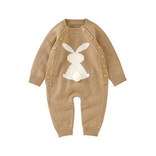 Baby Kleinkind Kinder Herbst Winter Outfit Strickpullover Strampler Kaninchen Jacquard Jumpsuit Einteilige Kleidung Kleinkind Mädchen Jungen Button Up Bodysuit 90 Khaki 12-18 Monate von Alunsito