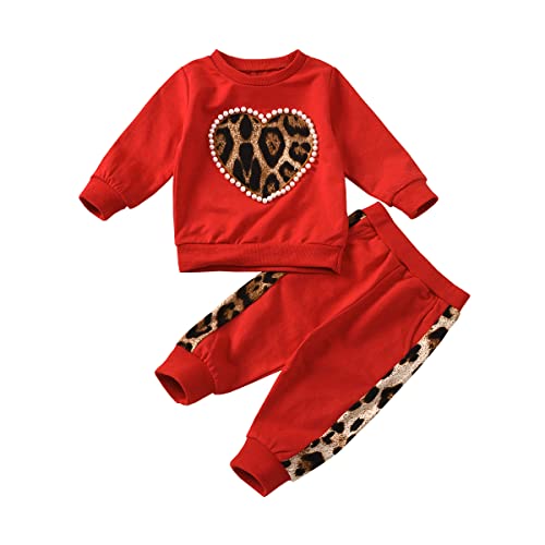 Baby Kleinkind Mädchen Leoparden-Herz-Druck Kleidungsset Langarm Sweatshit Pullover Top + Leggings Hose Frühling Herbst Outfits Rot 100 2–3 Jahre von Alunsito