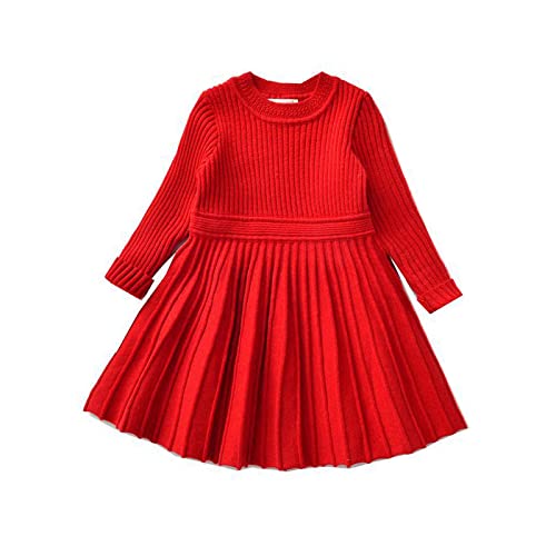 Baby Kleinkind Mädchen Pullover Kleider Kleinkind Mädchen Frühling Herbst Kleidung Langarm Einfarbig Outfits, 110, Rot, 4-5 Jahre von Alunsito