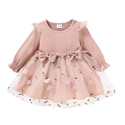 Baby Mädchen Kleid Rüschen Langarm Tutu Kleid Kleinkind Mädchen Tüll Kleid Blumenmädchen Party Geburtstag Prinzessin Kleider Lang Blumen Rosa 12–18 Monate von Alunsito