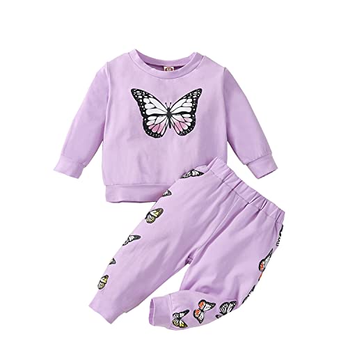 Baby Mädchen Schmetterling Kleidung Langarm Sweatshirt Top + Hose 2 Stück Frühling Herbst Trainingsanzug Outfits, 86, Lila, 12-18 Monate von Alunsito