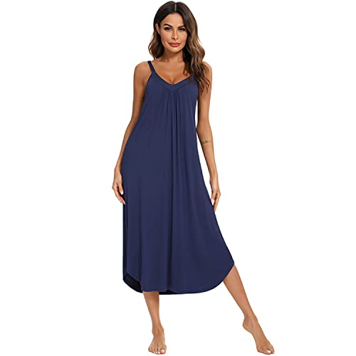 Damen Nachthemd mit V Ausschnitt Pyjama Baumwolle Nachthemd einfarbig Nachtwäsche lässig Nachthemd Hosenträger Nachthemd Halfter Loungewear Marineblau klein von Alunsito