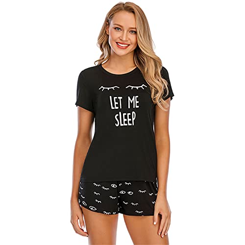 Damen süßes Cartoon Print Kurzarm Top mit geschlossenen Augen Print T Shirt und elastische Taillen Shorts 2 teiliges Sommer Pyjama Loungewear Set schwarz groß von Alunsito