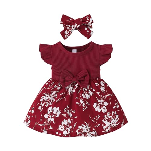 Kinder Baby Mädchen Herbst Winter Freizeitkleider Kleinkind Rüschen ärmelloses Blumenkleid Druck Sommerkleid Prinzessin Kleid Weinrot 12–18 Monate von Alunsito