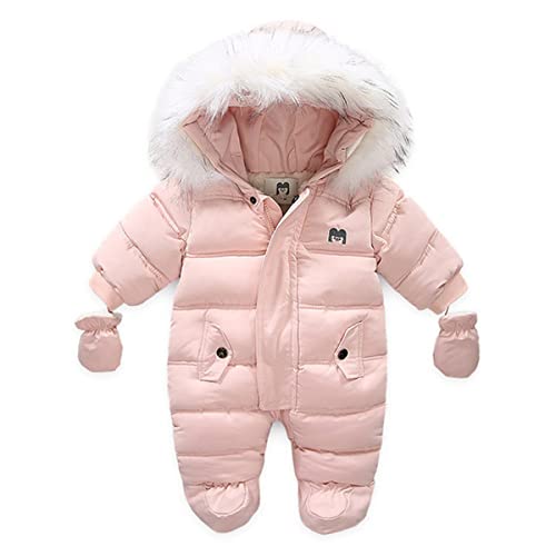 Kleinkind Baby Jungen Mädchen Winter Schneeanzug Strampler Fleece Overall Hoodie Body mit Fäustlingen Kleidung Set 73 Rosa 9-12 Monate von Alunsito