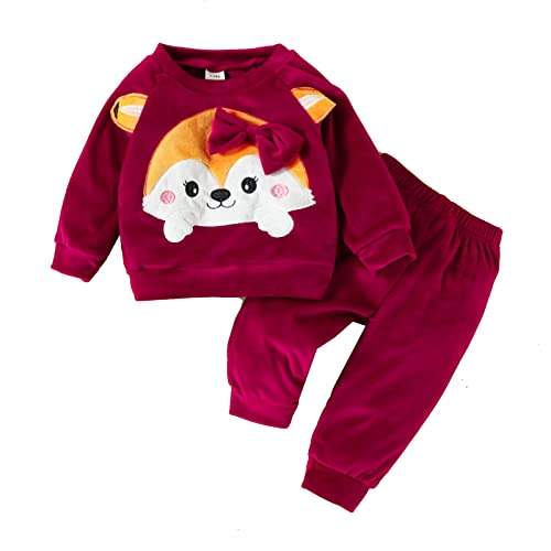 Kleinkind Baby Mädchen Baumwollhose Set Cartoon Fox Print Langarm T Shirt Top Samt Elastische Taille Hose 2Pcs Casual Outfit Weinrot 9-12 Monate von Alunsito