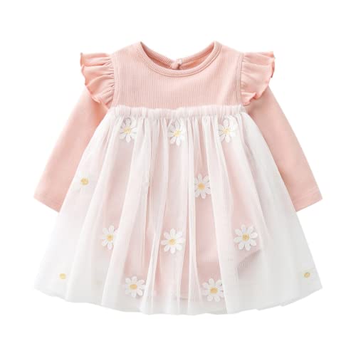 Kleinkind Baby Mädchen Herbst Winter Tunika Kleid Rüschen Langarm Strick Strampler Gänseblümchen Tüll Tutu Rock 80 12-18 Monate Rosa von Alunsito