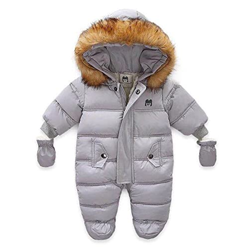 Kleinkind Baby Mädchen Jungen Baumwolle Schneeanzüge Mit Kapuze Overalls Reißverschluss Strampler Fleece Futter Wintermantel Kleidung Outfit 90 Grau 18-24 Monate von Alunsito