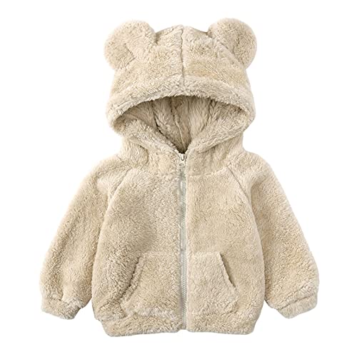 Kleinkind Baby Mädchen Jungen Kapuzenmantel mit Tasche Fleece Jacken Reißverschluss Herbst Winter Langarm Dicke Warme Oberbekleidung 100 Beige 2-3 Jahre von Alunsito