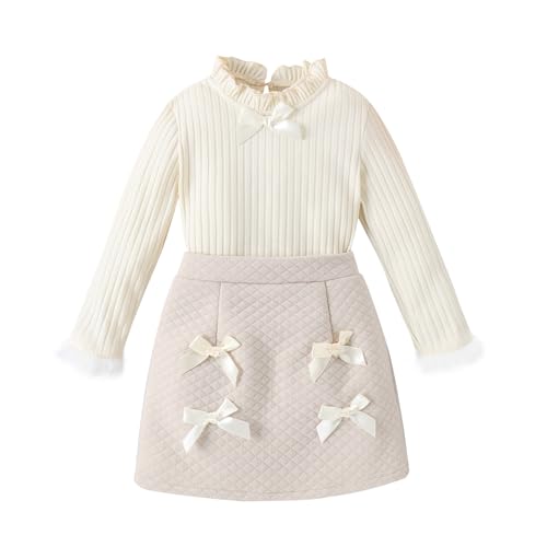Kleinkind Baby Mädchen Kleidung Outfits Rüschen Langarm Shirt Tops Schleife Rock Herbst-/Winter-Kleidung 7-8 Jahre Beige von Alunsito