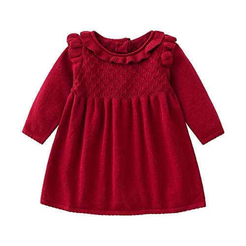 Kleinkind Baby Mädchen Kleidung Rüschen Sommerkleid Langarm Tutu Rock Lässige einfarbige Kleider, 90, Rot, 12-18 Monate von Alunsito