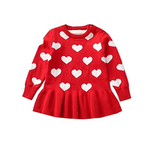 Kleinkind Baby Mädchen Langarm Strickpullover Kleid Liebe Herz Print Rundhals Kleid Herbst Winter Outfit, 110, Rot, 4-5 Jahre von Alunsito