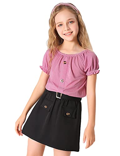 Kleinkind Baby-Mädchen-Outfit Rüsche Kurzärmelten Tops Shirts Feste Farbe A-Line-Rock mit Gürtel 2PCS Set Kleidung Sommer 160 Pink 11-12 Jahre von Alunsito