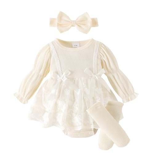 Kleinkind Baby Mädchen Spitzen Strampler Baby Tüll Kleid Strampler Blumen Bodysuit Frühling Herbst Festival Kleidung mit Stirnband Socken Beige 0-3 Monate von Alunsito